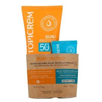 Набір Topicrem Sun Protect Молочко зволожуюче сонцезахисне SPF50+, 200мл + Гель після засмаги тонізуючий, 50мл