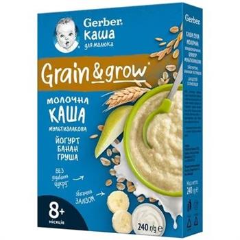 Каша молочна Gerber мультизлакова йогурт, банан та груша для дітей з 8 місяців, 240г
